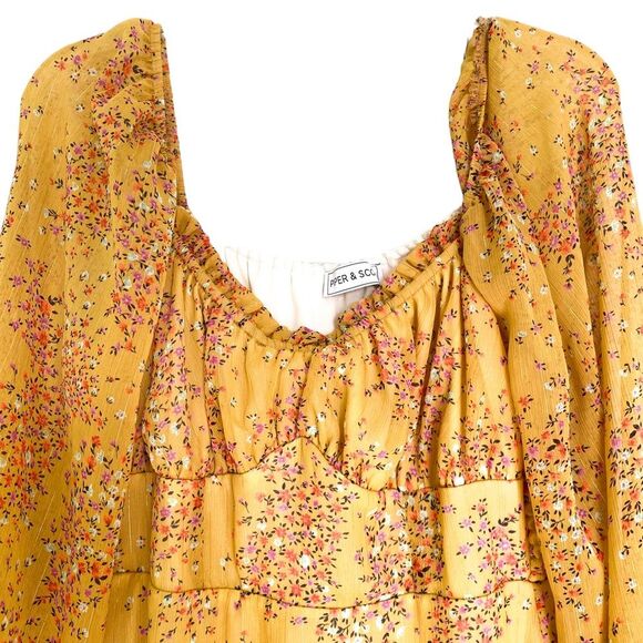 Piper and Scoot Yellow Shimmer Floral Long Sleeve Midi Dress Size Medium - Picture 6 of 12